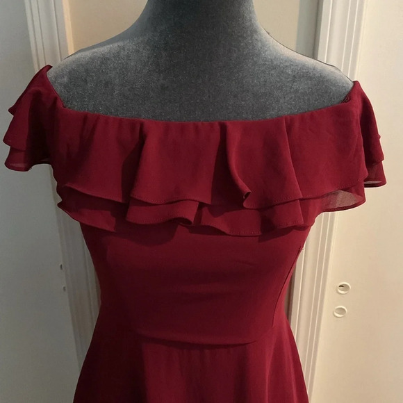 🖤 Lulu’s Win Your Heart Off the Shoulder Wine Red Ruffle Mini Skater Dress - Picture 4 of 5